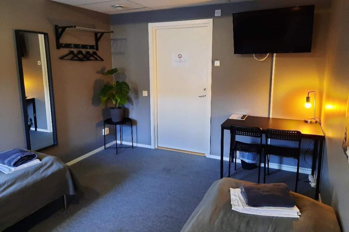 Habitación de hotel con cama, escritorio, silla, televisor, planta y puerta.