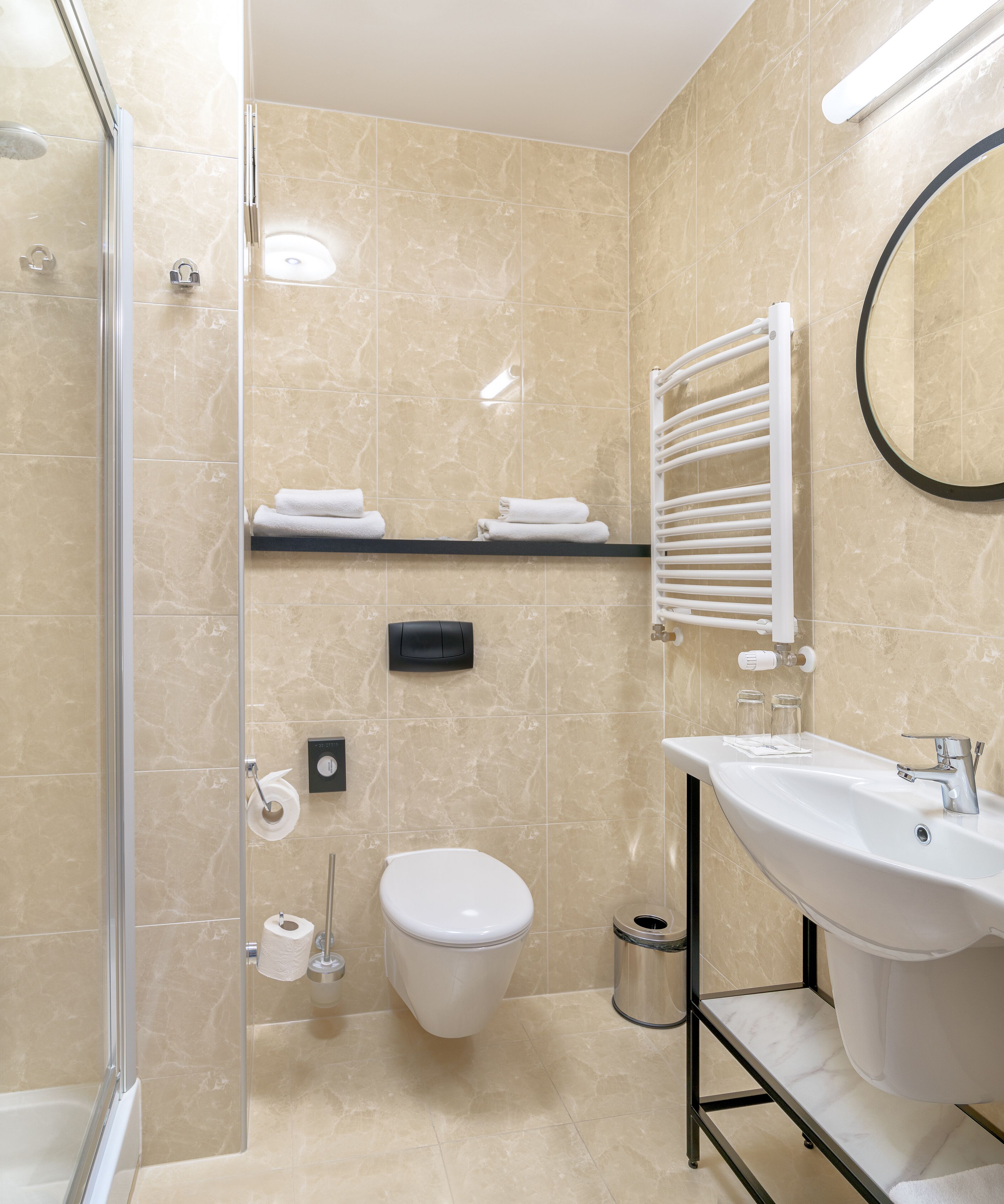 eco-friendly toiletries, hair dryer, slippers, towels