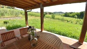 Une terrasse extérieure couverte, avec une table et des chaises en bois, un vase rempli de fleurs et une vue sur un vignoble.