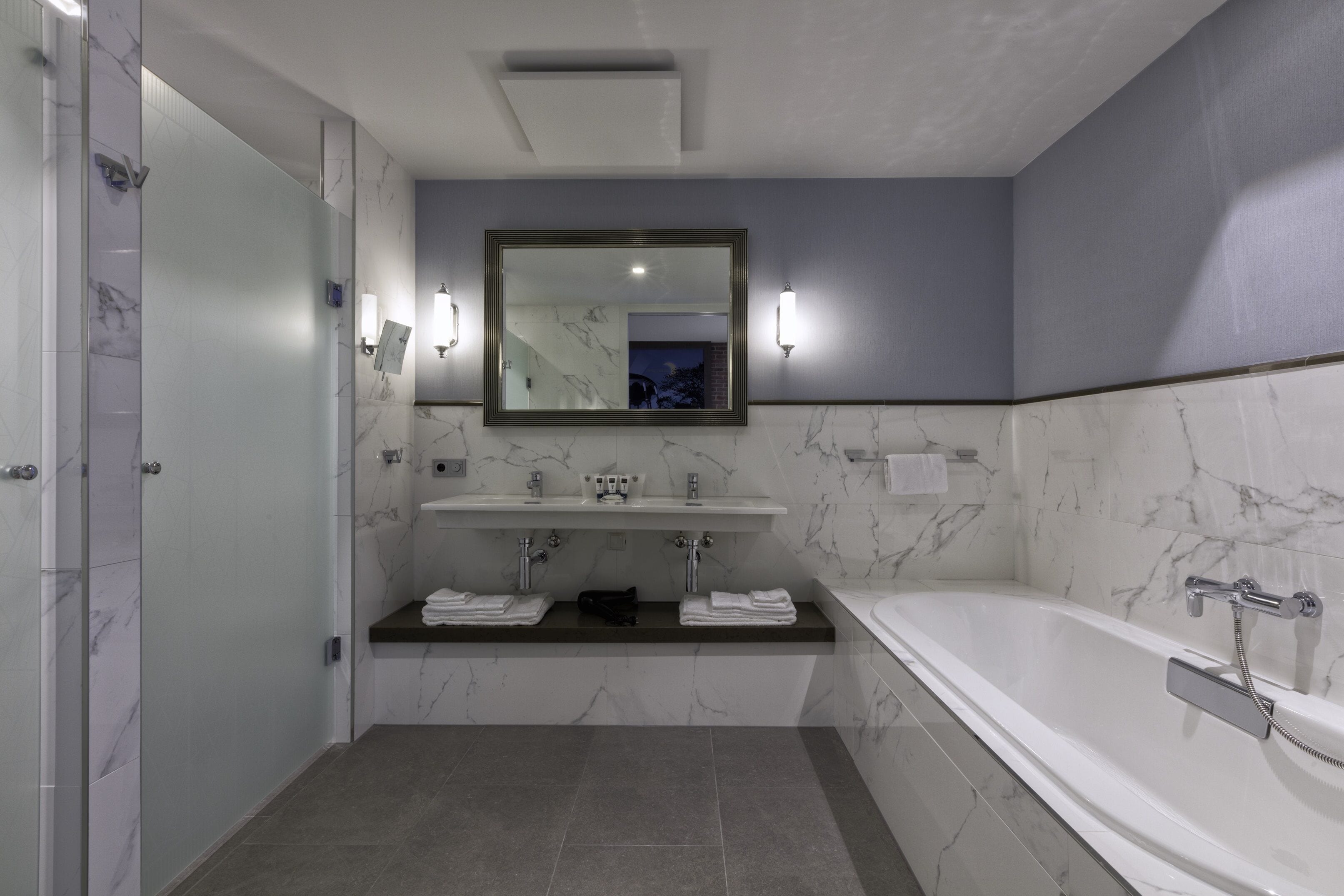 free toiletries, hair dryer, towels