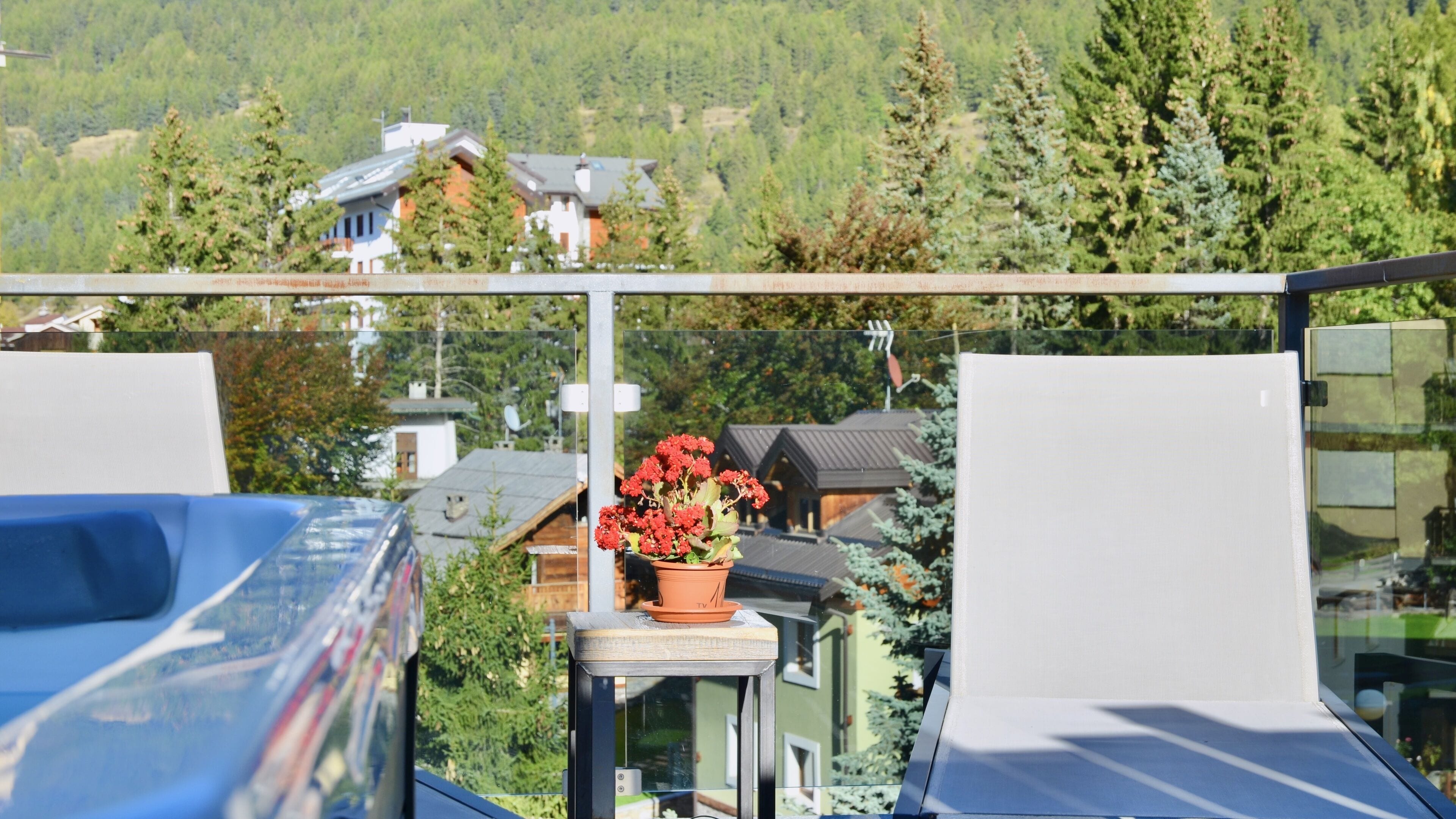 A balcony with a potted plant, a car, and a view of houses and trees in the background.