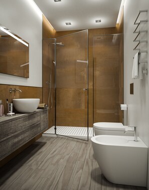 Eenvoudige vierpersoonskamer | Badkamer | Een douche, gratis toiletartikelen, een haardroger, badjassen