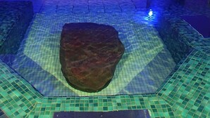 Una piscina con una gran roca en el centro, rodeada por un borde de azulejos.