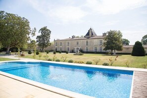 Outdoor pool, pool umbrellas, pool loungers