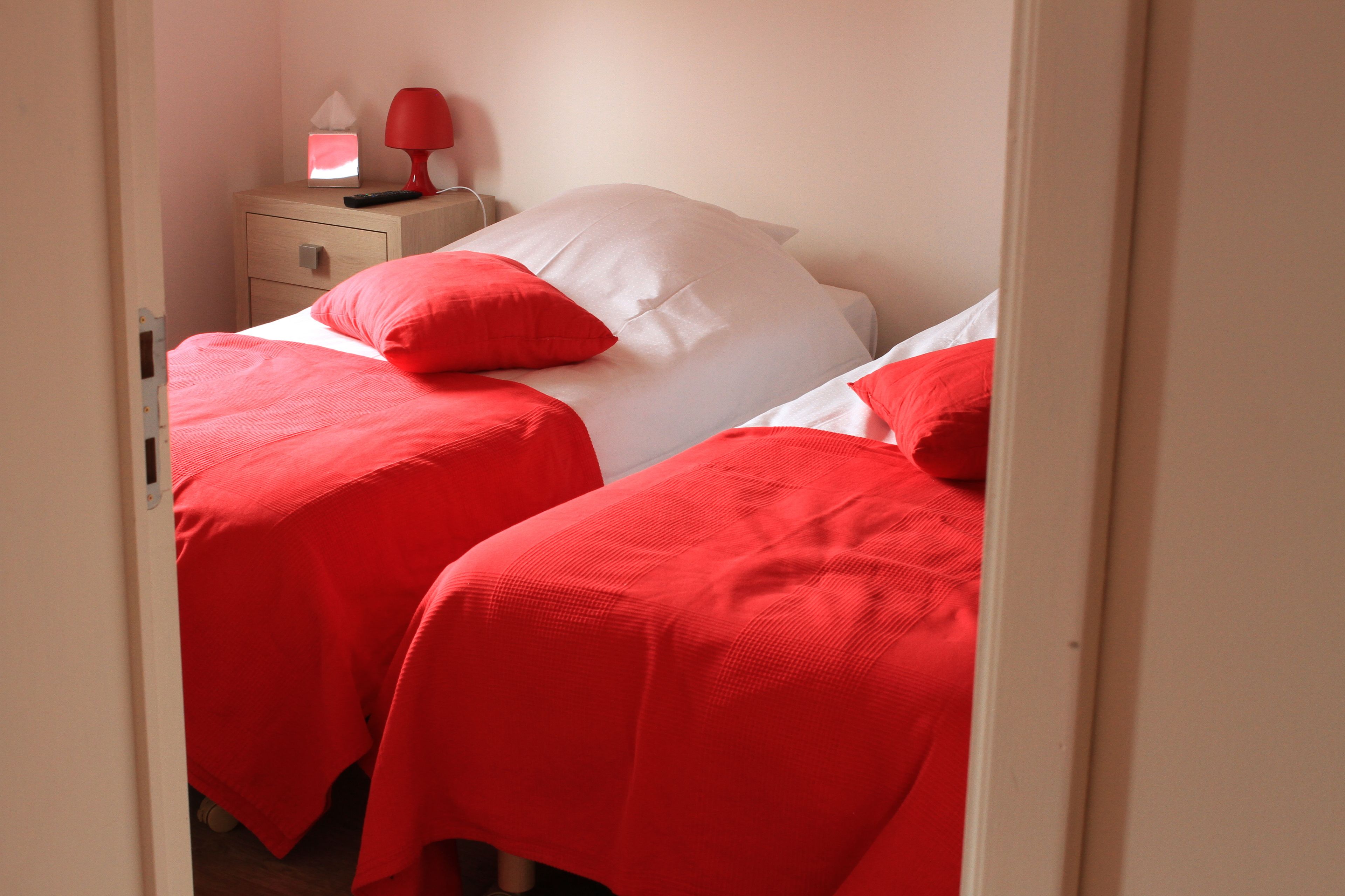 A bedroom with two beds, each with red bedding and white pillows. There is a bedside table with a lamp and a tissue box.