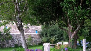 Un muro de piedra con un ventanal azul, rodeado de abundante vegetación y plantas en flor.