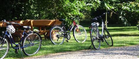 A gravel path with bicycles parked on the side.