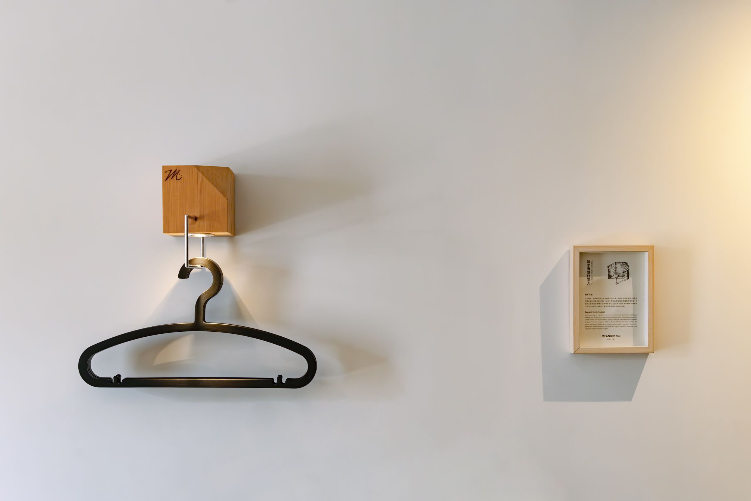 A wooden coat hook with a black hanger, a framed informational plaque, and a wall-mounted light fixture.