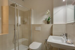 Chuveiro, secador de cabelo, toalhas de banho 