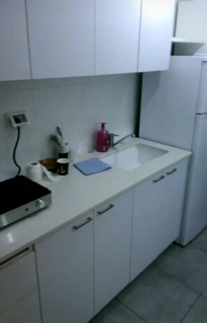 Großer Kühlschrank, Mikrowelle, Herdplatte, Wasserkocher