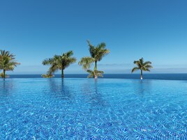 An infinity pool with clear blue water, surrounded by palm trees, and a view of the ocean.