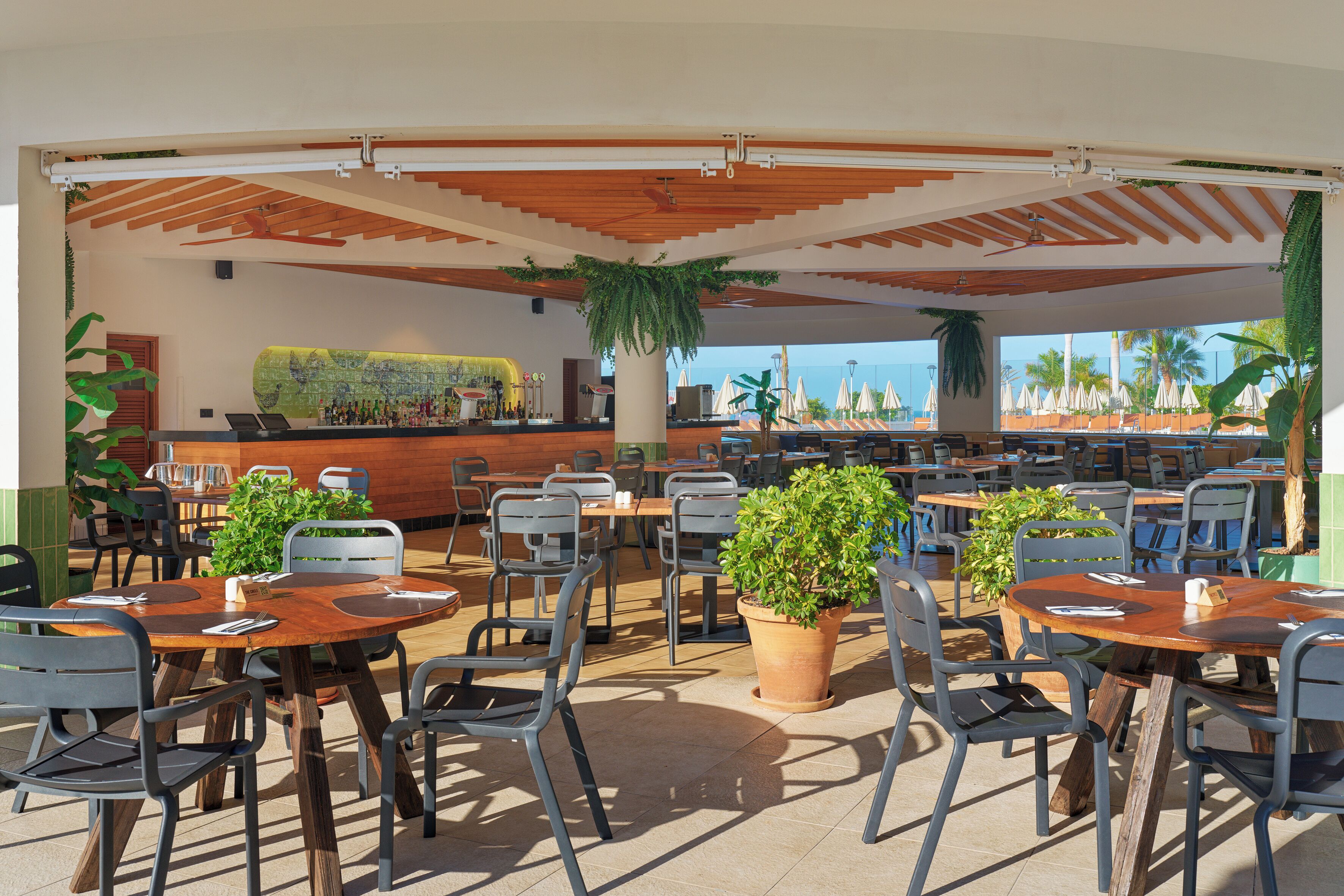 An outdoor café with tables and chairs, a bar area, and potted plants.