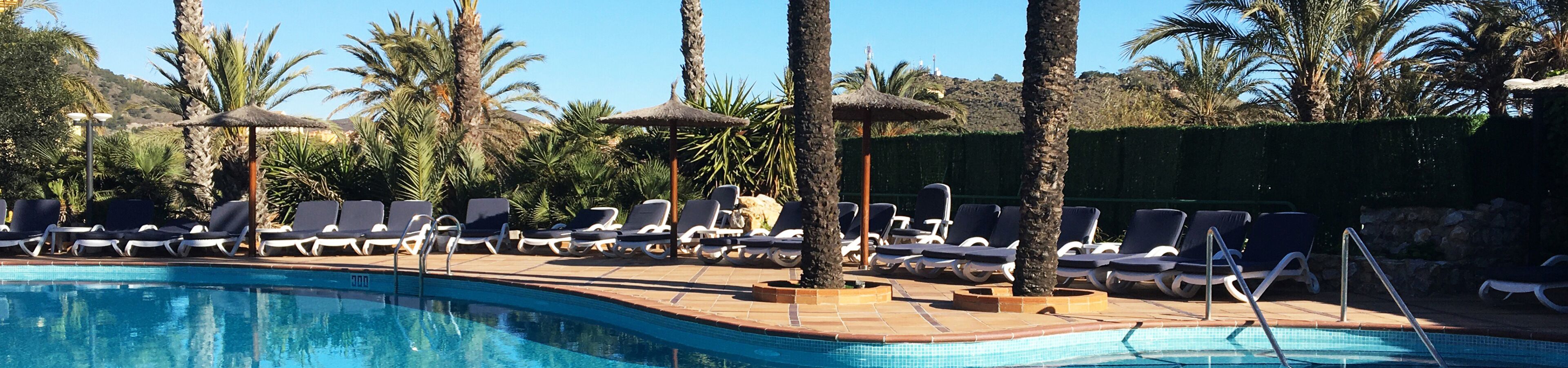 A swimming pool with lounge chairs and palm trees.
