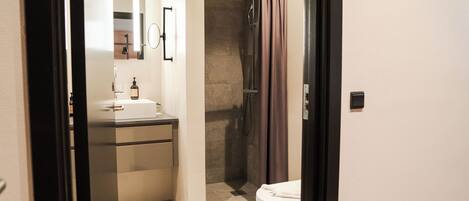 Un baño con ducha, inodoro, lavabo y espejo.