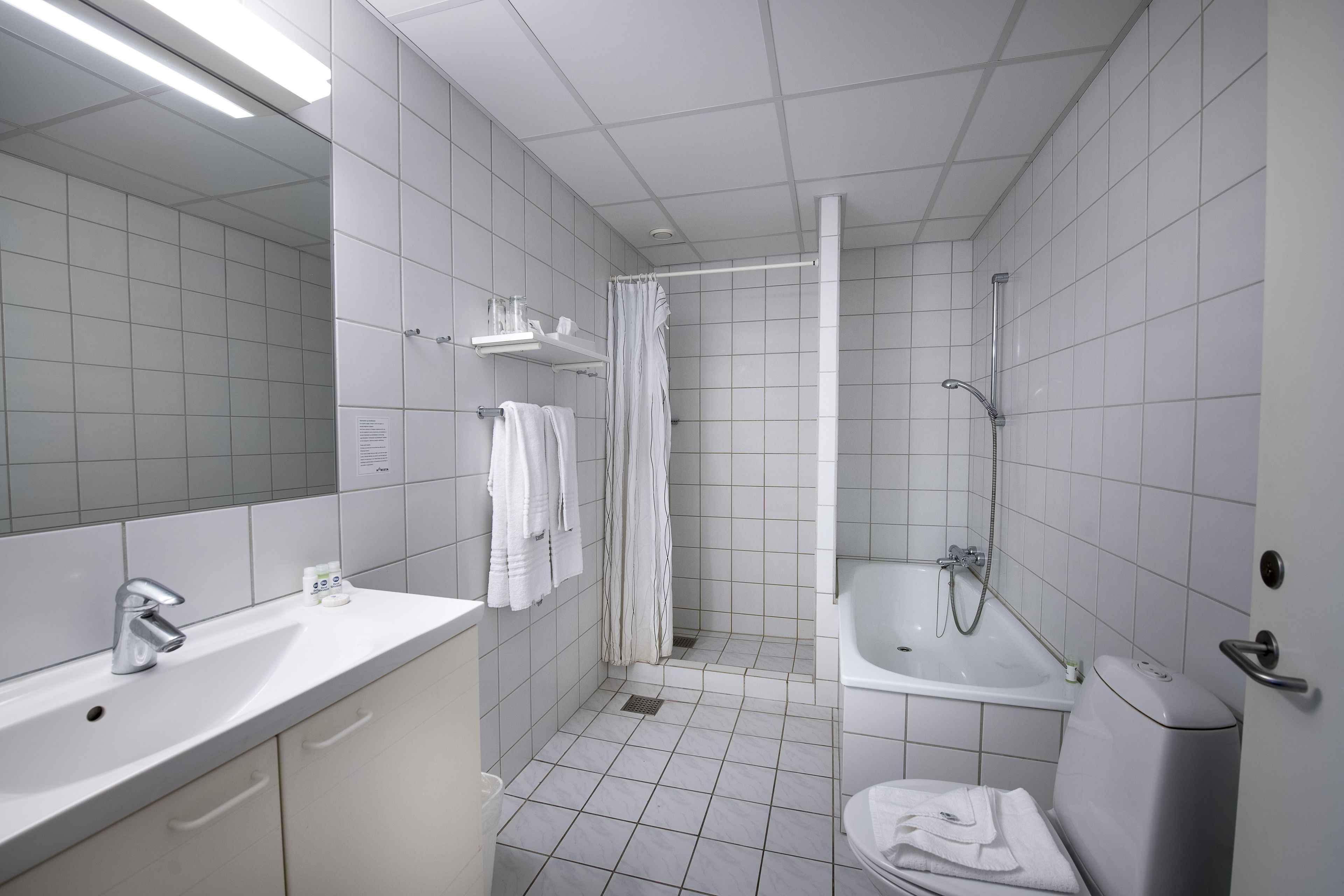 A modern bathroom with a sink, mirror, shower, and toilet.