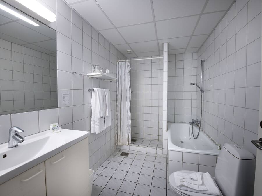 A modern bathroom with a sink, mirror, shower, and toilet.