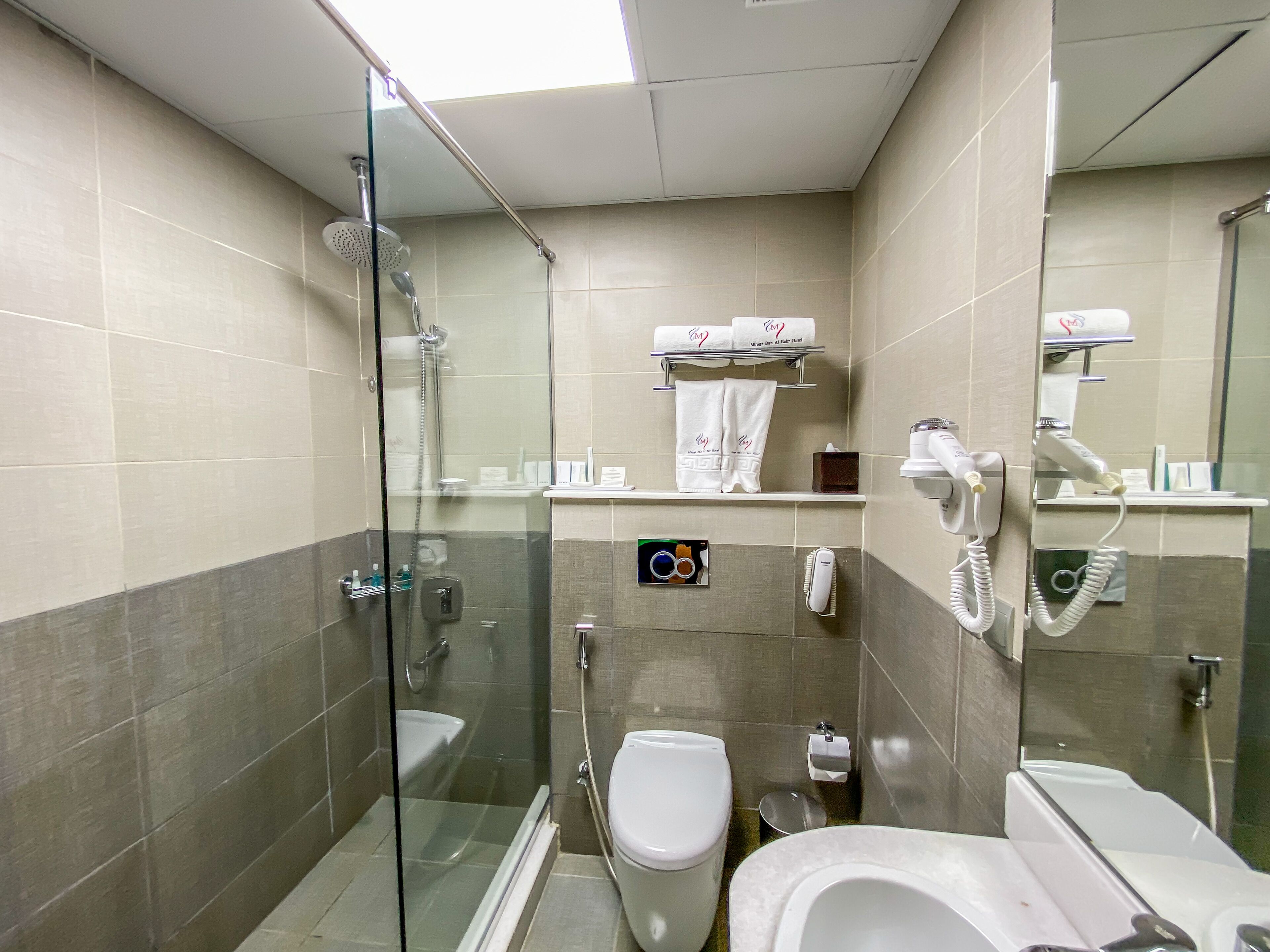 A modern bathroom with a glass-enclosed shower, a toilet, a bidet, and a sink.