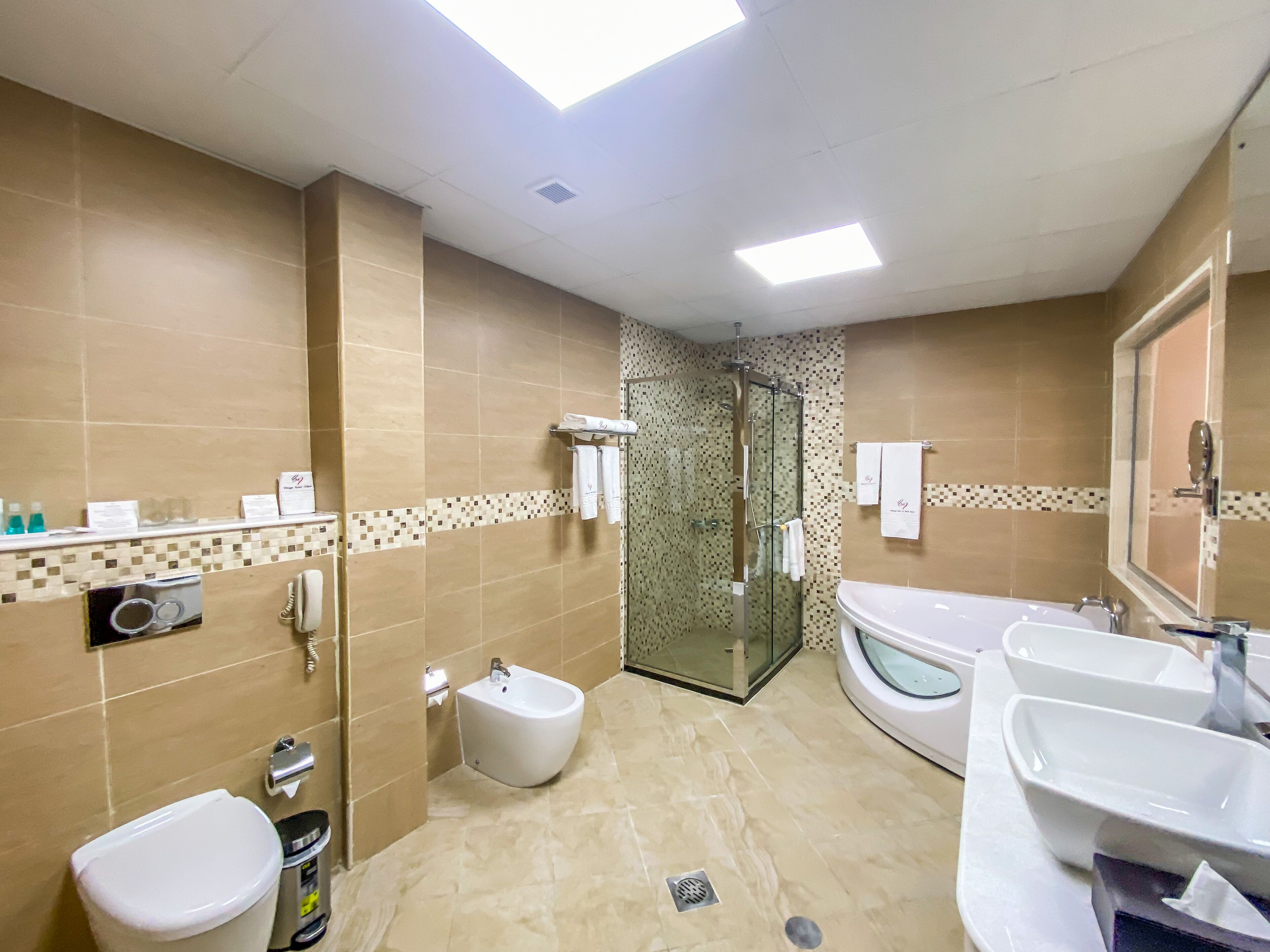 presidential villa | bathroom | shower, hair dryer, bidet, towels