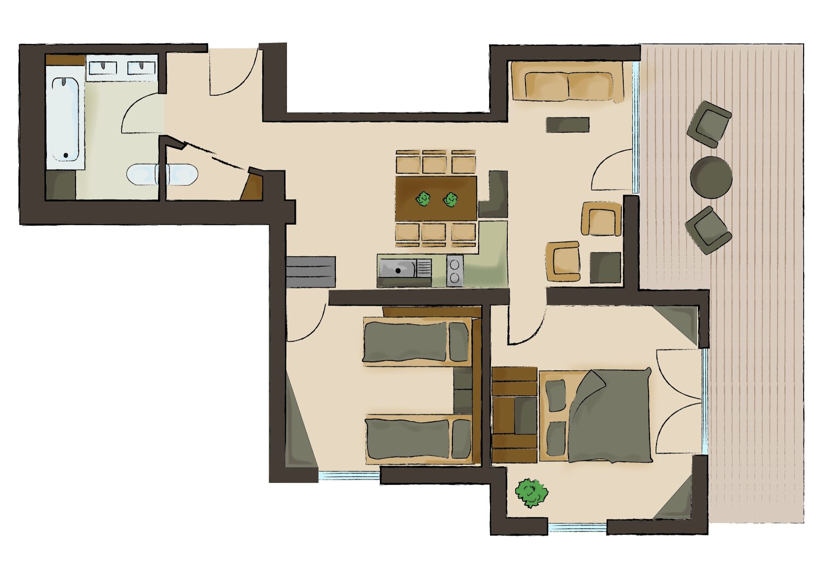 A floor plan with a living area, kitchen, dining space, and a bathroom.