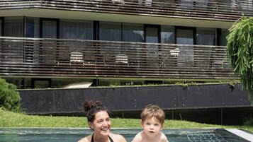 Indoor pool, outdoor pool, pool umbrellas, sun loungers