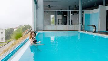 Indoor pool, open 10:00 AM to 8:00 PM, sun loungers
