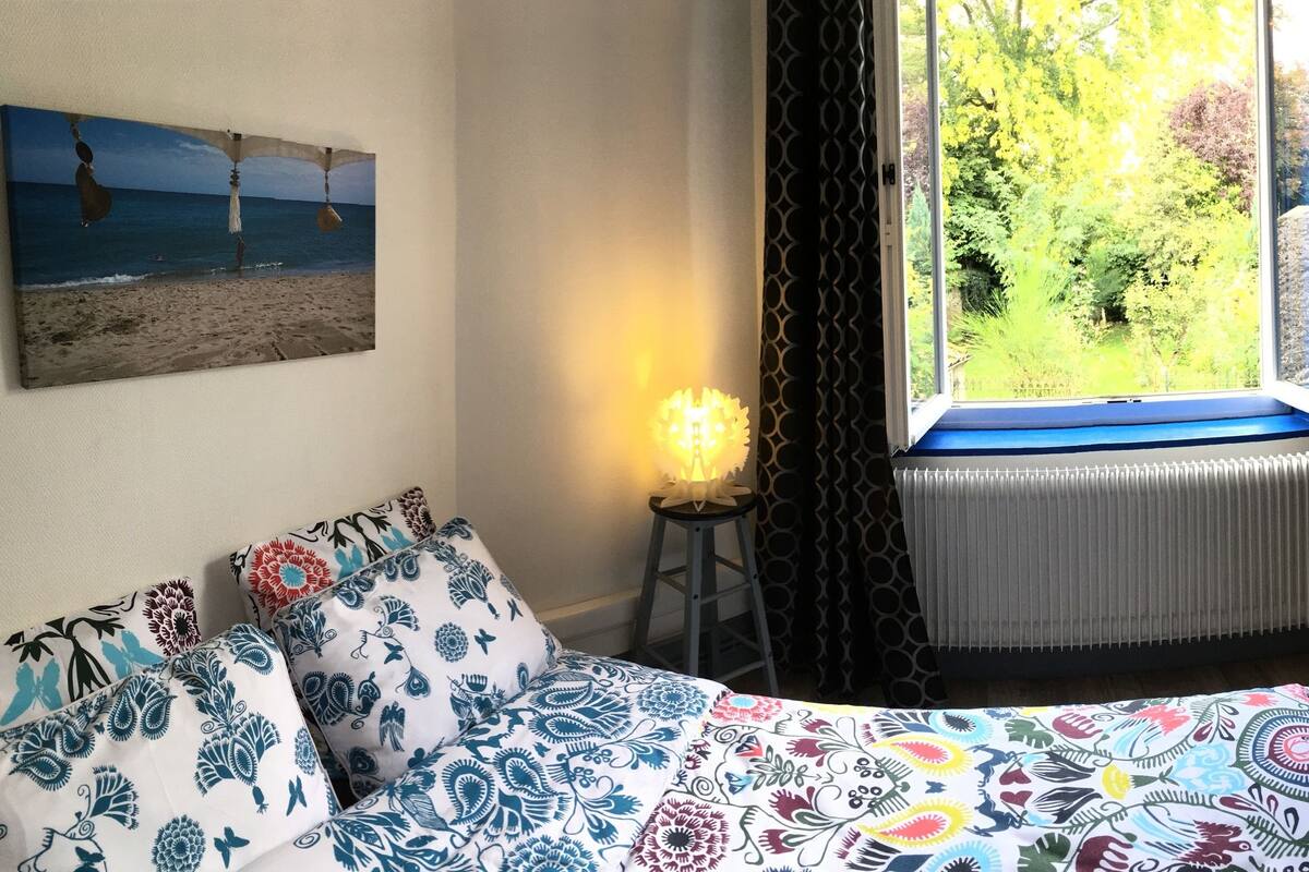 Une chambre à coucher avec un lit, une fenêtre donnant sur un espace verdoyant, un radiateur et une étagère en bois.