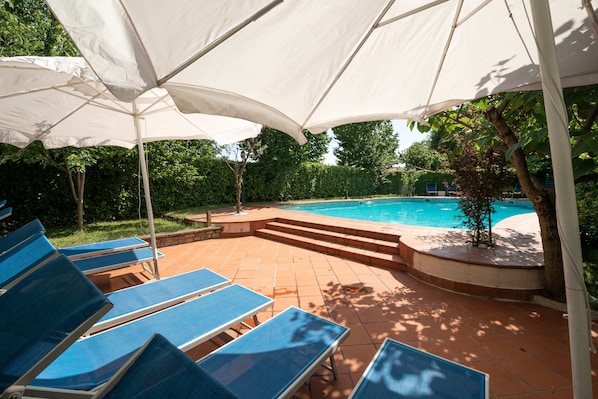 Seasonal outdoor pool, pool umbrellas, pool loungers