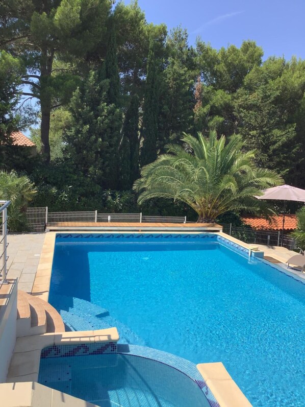 Seasonal outdoor pool, open 8:00 AM to 8:00 PM, pool umbrellas