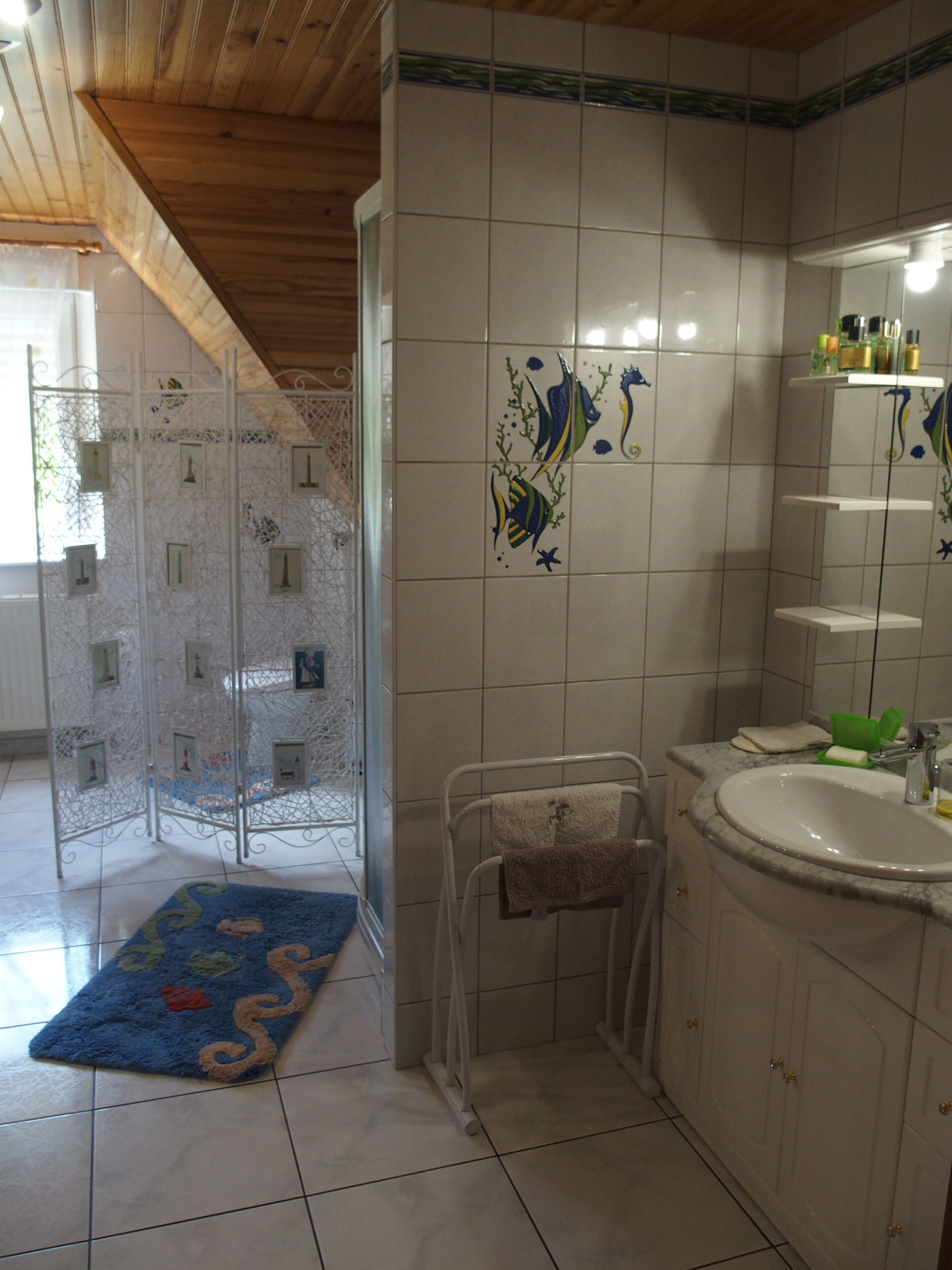 Een douche, een haardroger, handdoeken, zeep