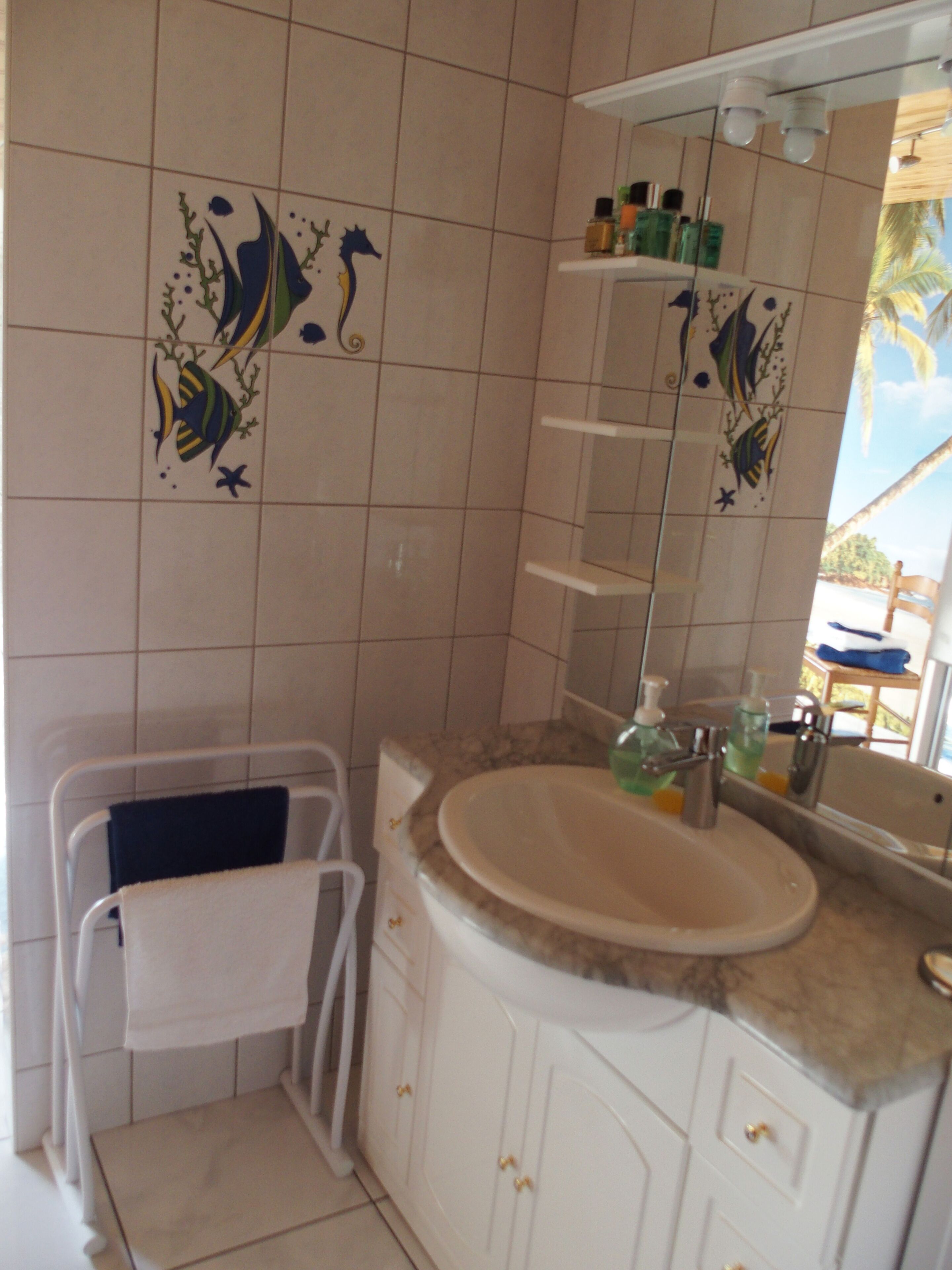 Ein Badezimmer mit einem weißen Waschbecken, einem Handtuchhalter und einem Spiegel.
