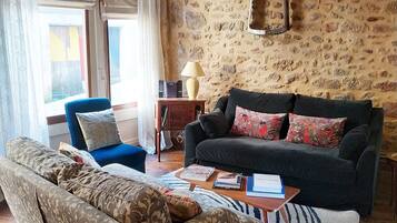 TV connectée, cheminée, livres, écrans d'ordinateur