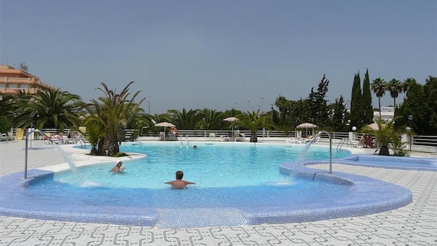 Une piscine avec une terrasse carrelée, des palmiers et des chaises longues.
