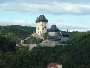 A historic castle with multiple towers and a large central building, surrounded by dense forest.