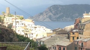 Un pueblo costero con edificios construidos en una ladera con vistas al mar.