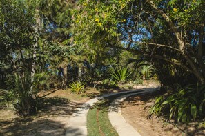 A paved path through a lush garden with various trees and plants. - Pousada Morro das Palmeiras (Imbituba)