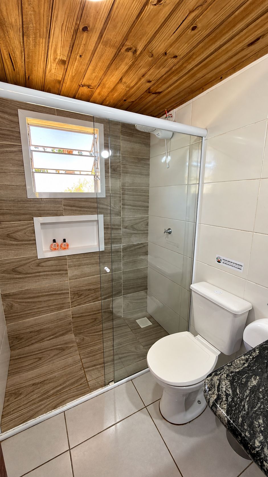 A bathroom with a glass shower enclosure, a toilet, and a sink with a marble countertop.