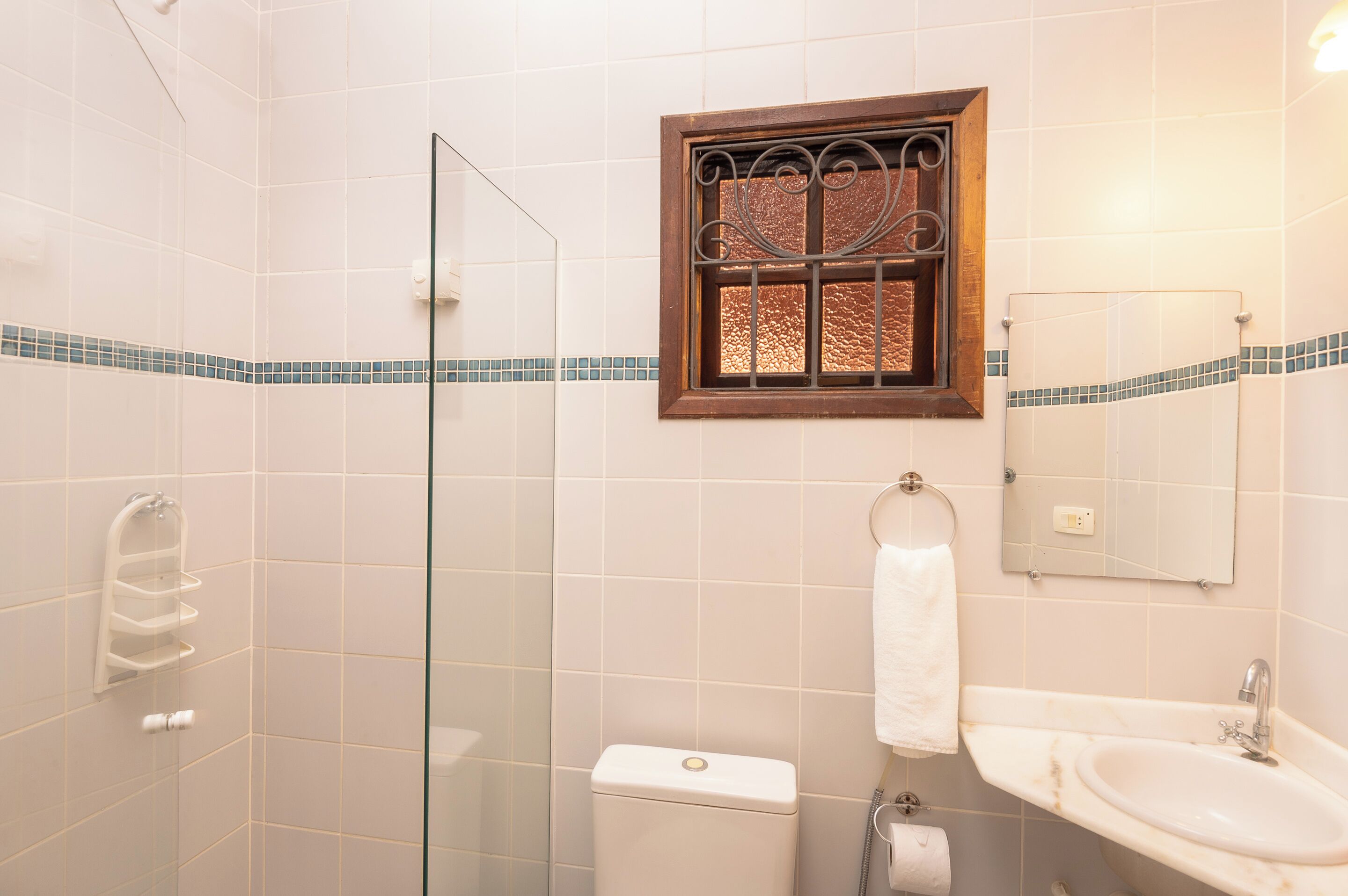 A bathroom with a glass shower enclosure, a toilet, a sink with a mirror, and a towel rack.