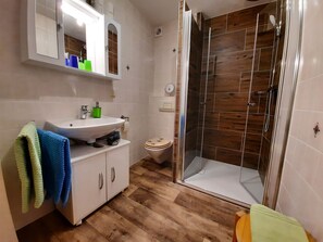 Shower, hair dryer, towels