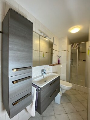Shower, hair dryer, towels