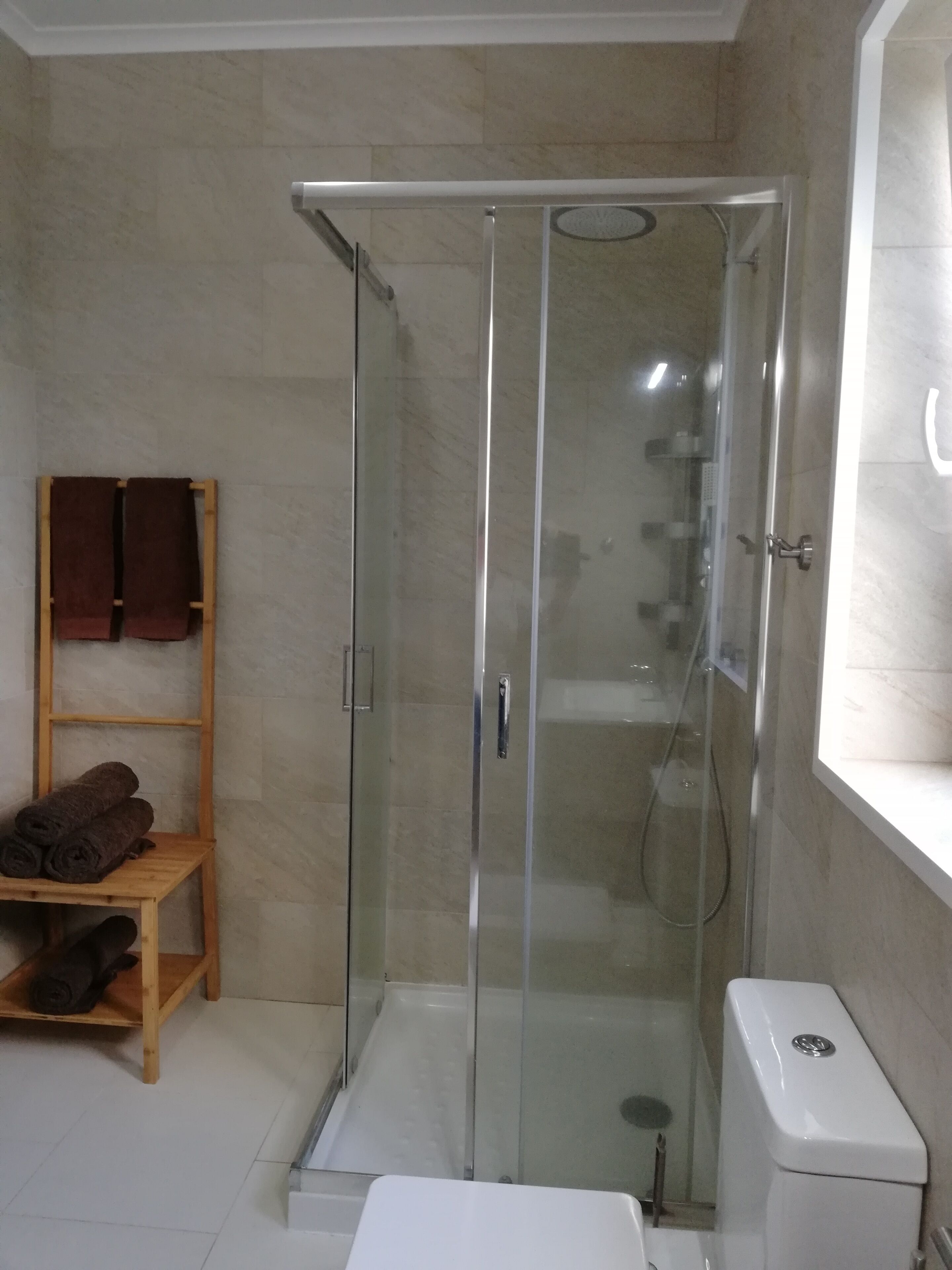 A glass-enclosed shower stall with a white toilet and a wooden shelf with towels.