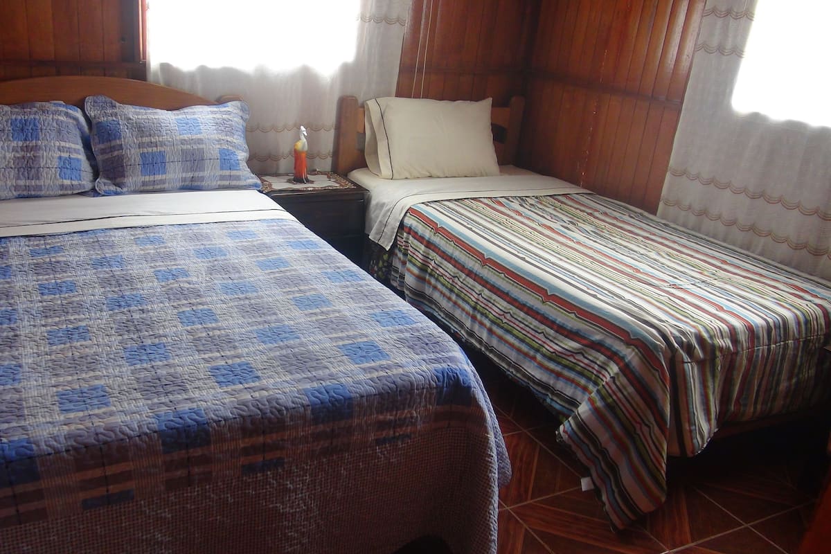 A room with two beds, each with a distinct patterned bedspread. There is a nightstand with a lamp between the beds.