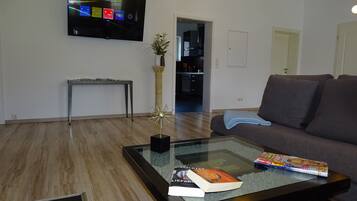 TV connectée, cheminée, livres