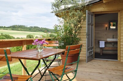 half-timbered house from the 18 century, with view on the Wartburg