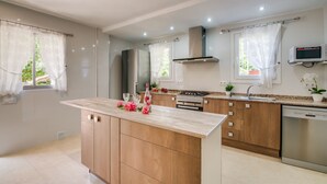 Cocina moderna con una isla central, electrodomésticos de acero inoxidable y una ventana con vistas a zonas verdes.