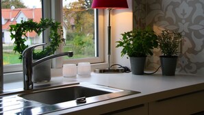 Ett kök med en diskho i rostfritt stål, en röd lampa och krukväxter på fönsterbrädan.