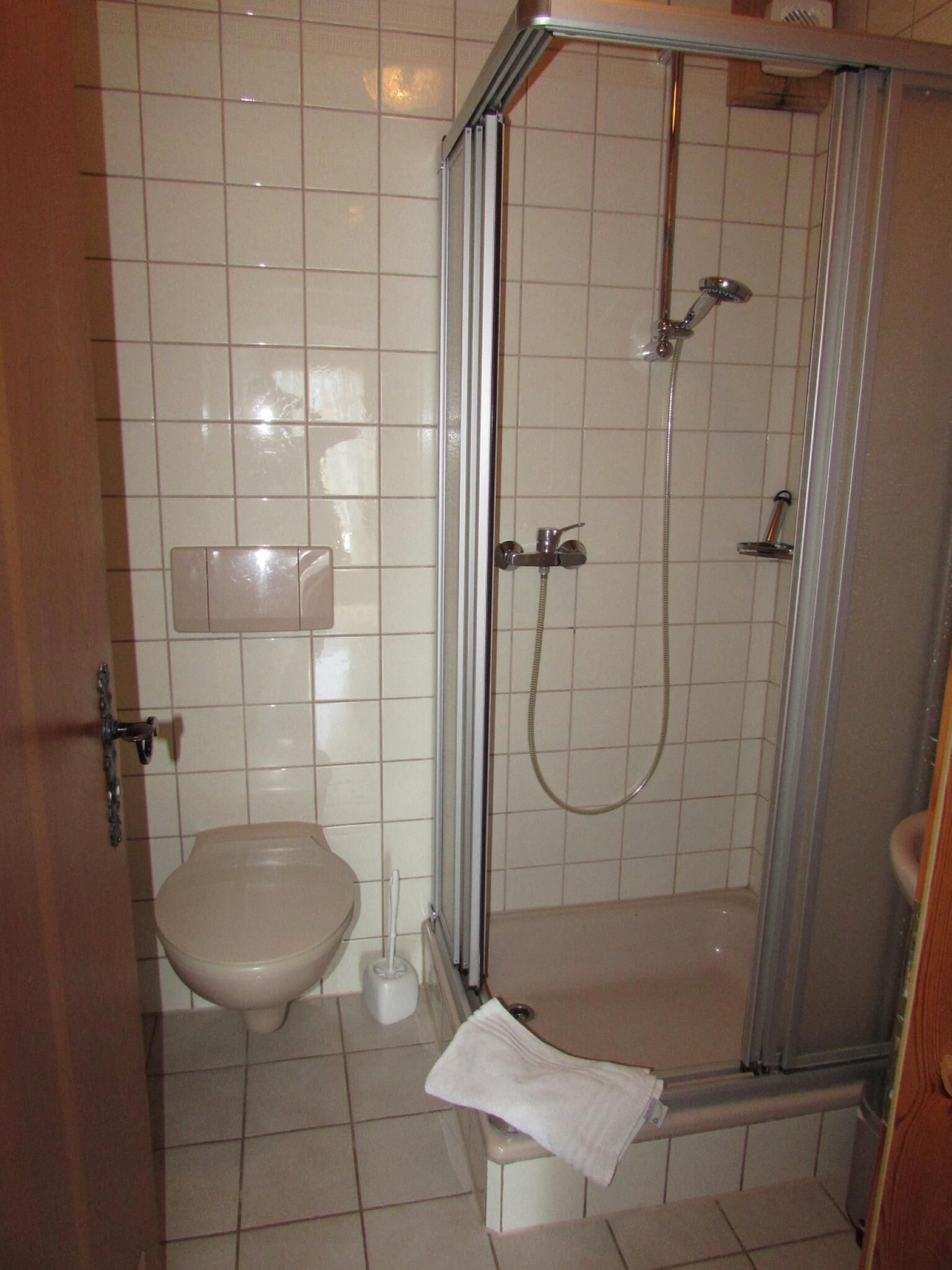 A bathroom with a glass-enclosed shower, a toilet, and a sink.