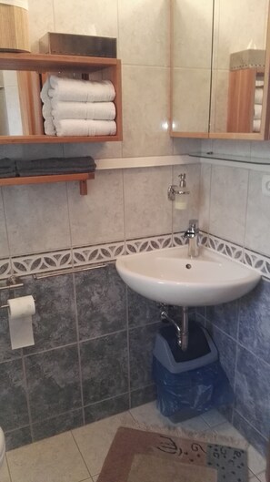 A bathroom with a white sink, a mirror, and a towel rack with folded towels.