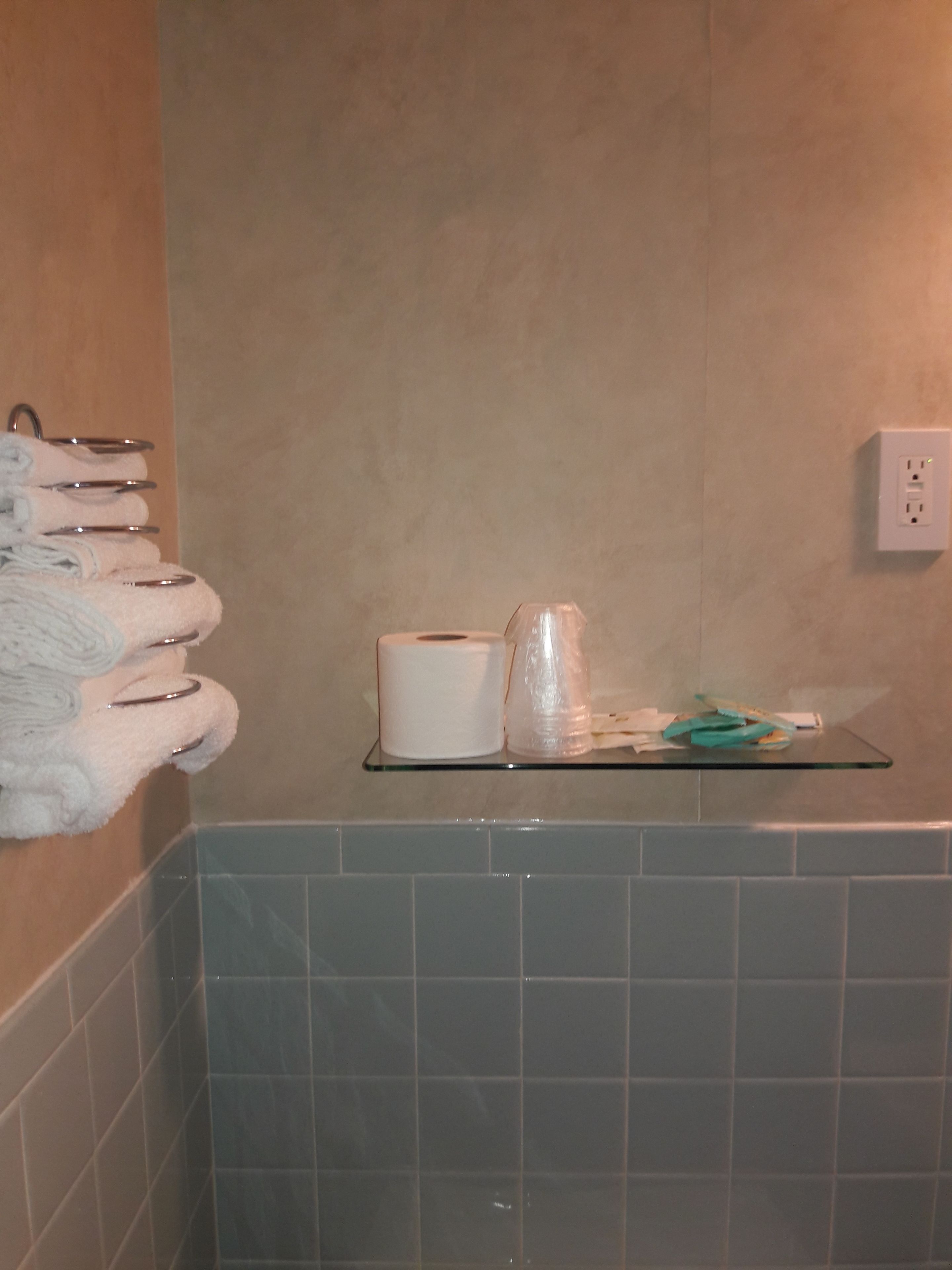 A bathroom with a towel rack, a toilet paper roll, a glass soap dish, and a wall socket.