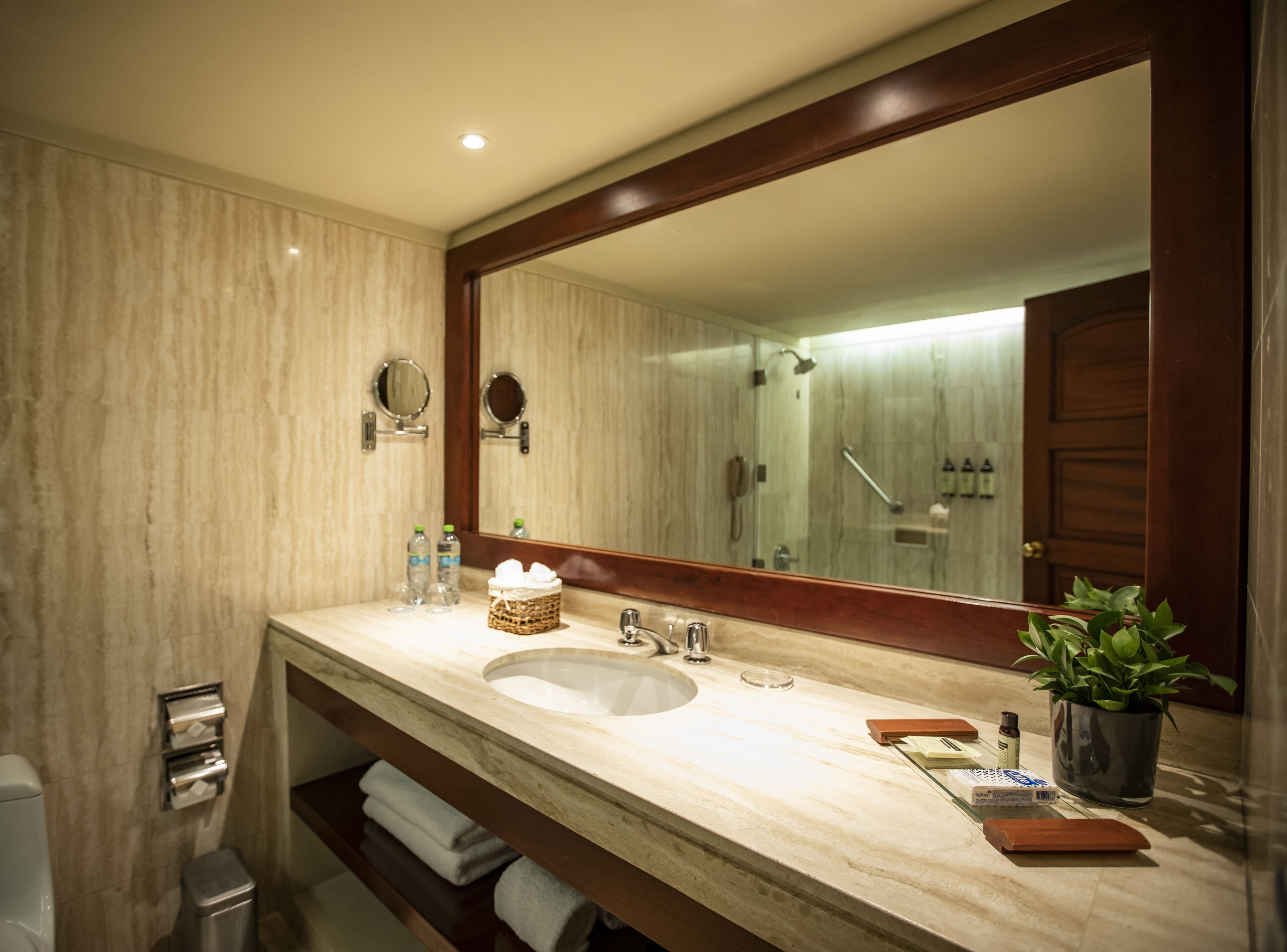 A bathroom with a marble sink, a large mirror, a shower, and a potted plant.