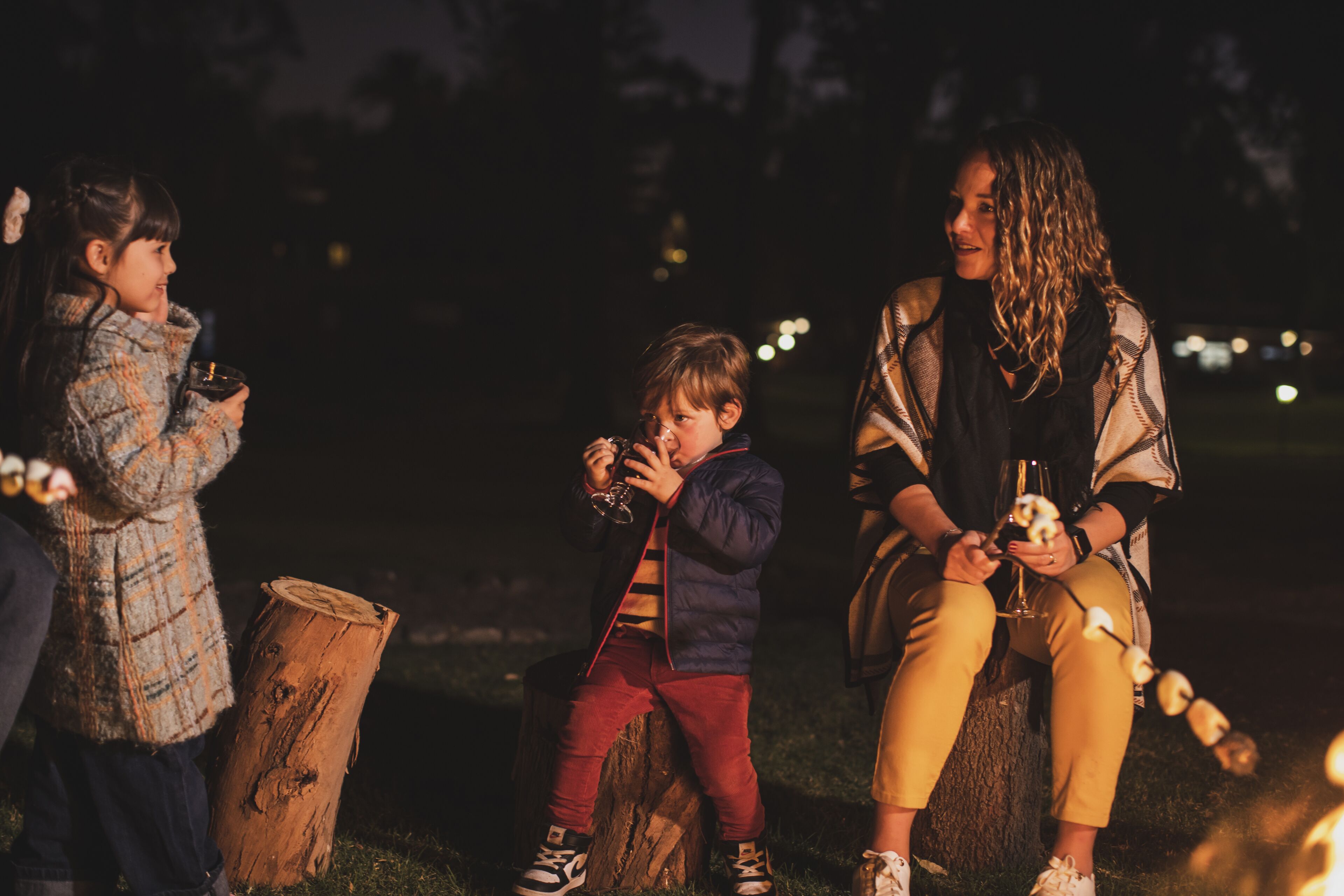 Un grupo de personas sentadas al aire libre de noche, con un tocón de madera y luces de cadena al frente.